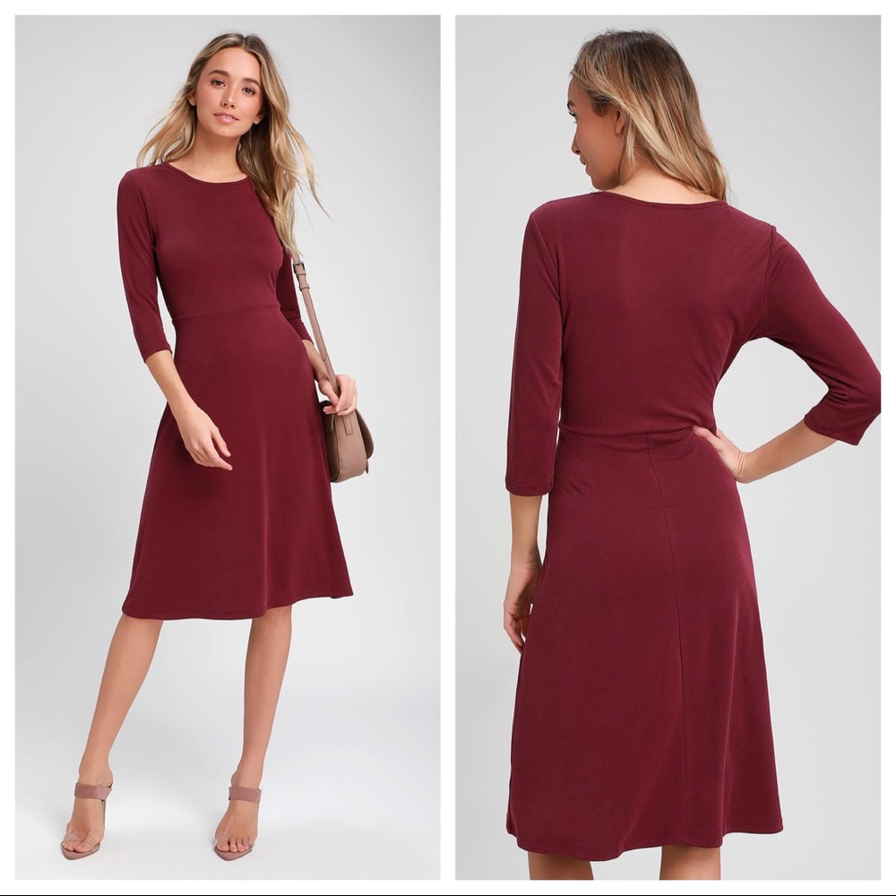 ⭐️ Lulu’s Sweet Like Me Long Sleeve Burgundy Skater Dress S